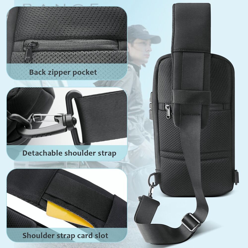 Men's Sling Bag Chest Shoulder Backpack Fanny Pack Crossbody Bag w/ USB Charging