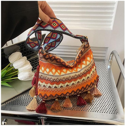 Retro Cross Body Bag Ethnic Tassel Shoulder Bag Large Capacity Tote for Women