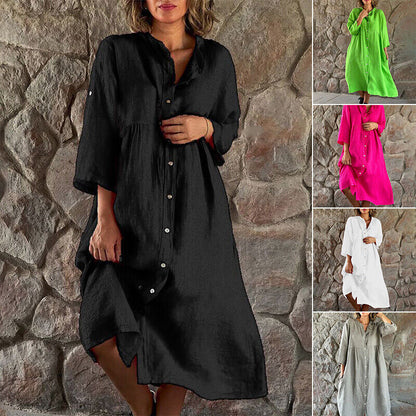 Womens Cotton Linen Shirt Dress Loose Button Up Casual Baggy Long Tops Tunic