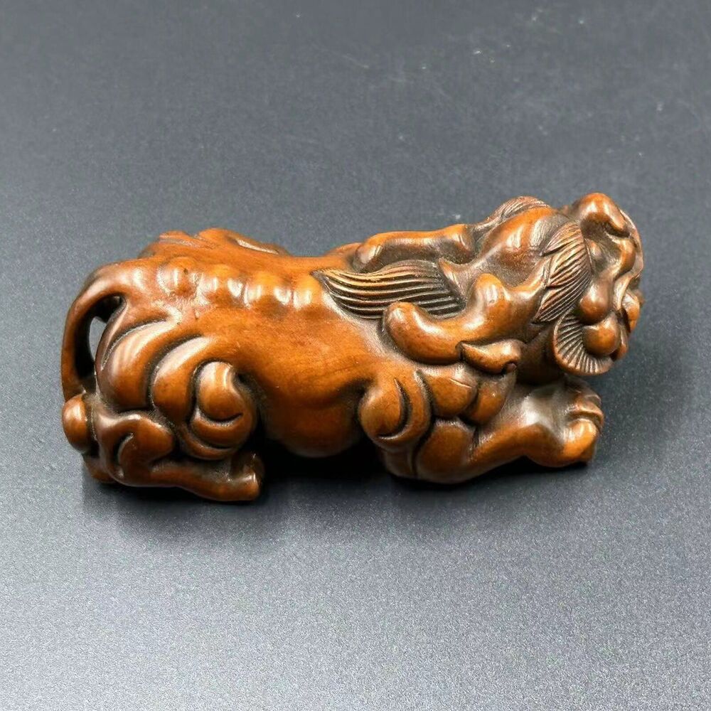 Antique Chinese Boxwood Carving Auspicious Beast Statue Figurine Christmas Gift