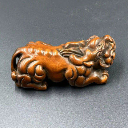 Antique Chinese Boxwood Carving Auspicious Beast Statue Figurine Christmas Gift