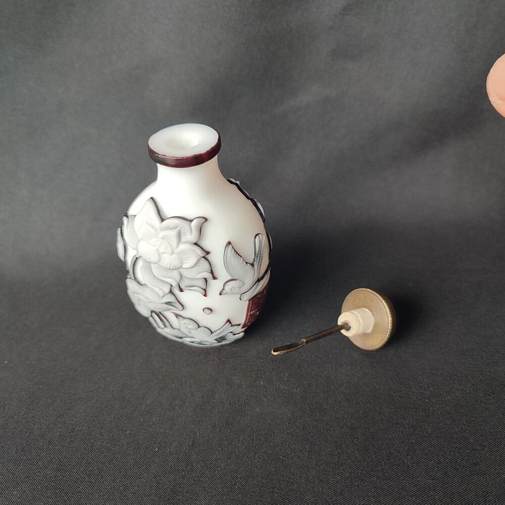 Old Peking Carved Glass Snuff Bottle Display Lotus Flower Bird Statue Landscape