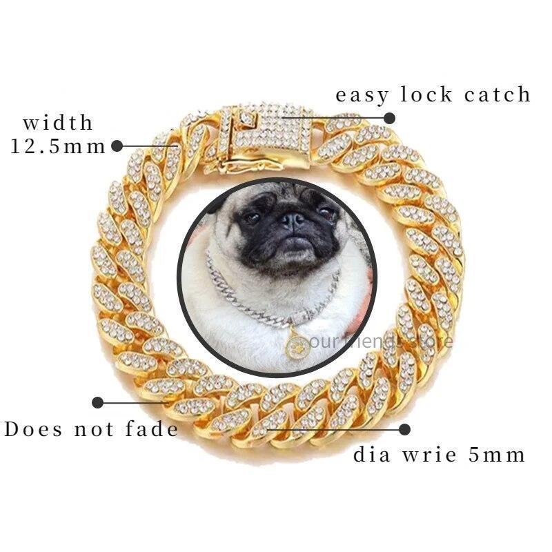 Luxury Dog Collar Diamond Chain Cuban Gold Rhinestones Pitbull Cat Necklace Gold