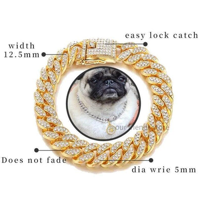 Luxury Dog Collar Diamond Chain Cuban Gold Rhinestones Pitbull Cat Necklace Gold