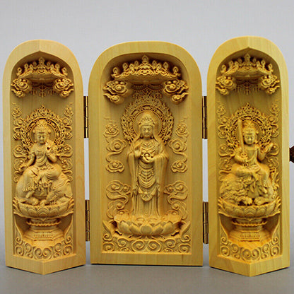 "南海观音"Tibet wood Boxwood Carving Guanyin Statue Buddha religion Buddhist niche