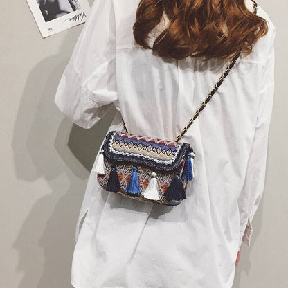 Celela Versatile Small Bag Women's Woven Bag Tassel Chain Shoulder Bag Purse