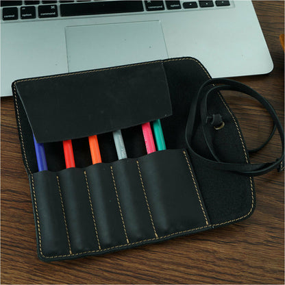 Handmade Cowhide Leather Pen Pouch Vintage Roll-up Pencil Case Bag Pen Curtain