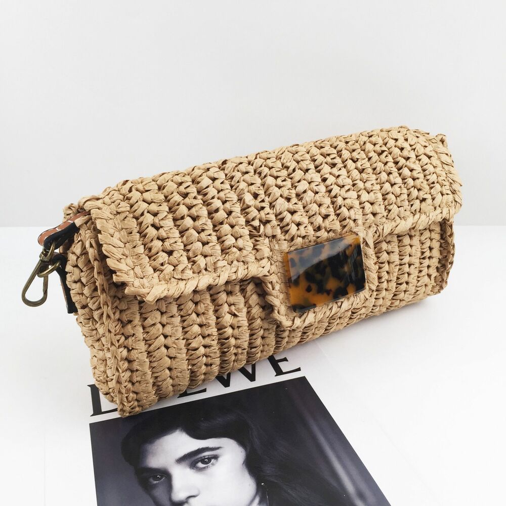 Women Shoulder Bag 28x15cm Straw Pillow Rattan Crochet Messenger Summer Handbags