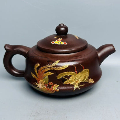 Chinese Yixing Purple Clay Teapot Zisha Ceremony Painted Dragon Phoenix Teaware