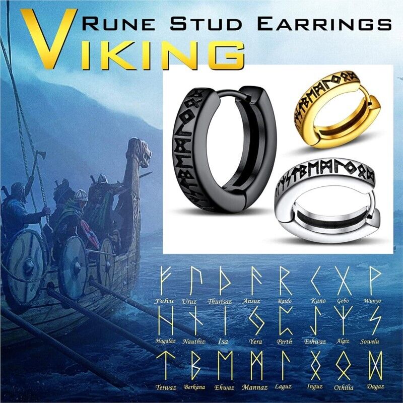 Earrings Men Women Stainless Steel Hoop Round Sterling Stud Norse Viking 1 Pair