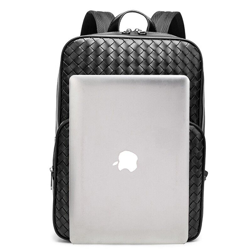 Top PU Leather Black Weaving Backpack, Soft Leather Large Capacity Travel Bags