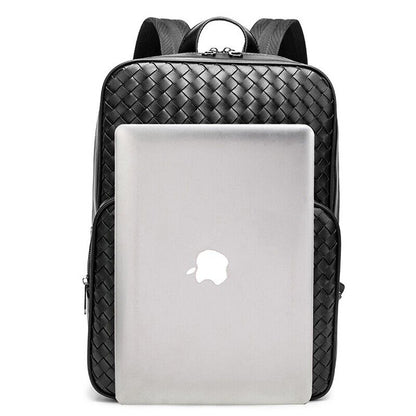 Top PU Leather Black Weaving Backpack, Soft Leather Large Capacity Travel Bags