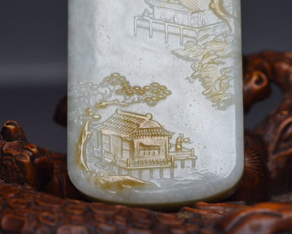 Chinese Natural Hetian Jade Carved Landscape Statues Exquisite Pendant Jewelry