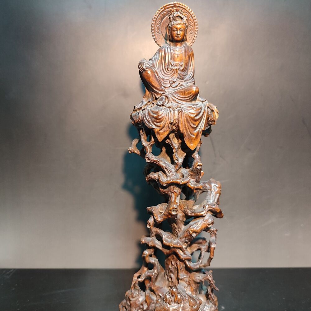 8" Vintage Wooden Ornaments Carved Statue Free Kwan Yin Bodhisattva Wood Figure