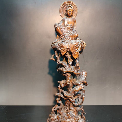 8" Vintage Wooden Ornaments Carved Statue Free Kwan Yin Bodhisattva Wood Figure