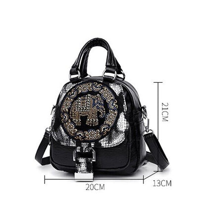 Women's Leather Black Backpack, New Desinger Embroidery Stamping Shoulder Bags