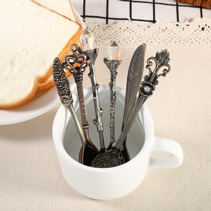 6Pcs/Set Vintage Dessert Spoons Fork 110x20mm Metal Gold Carved Coffee Tea Spoon