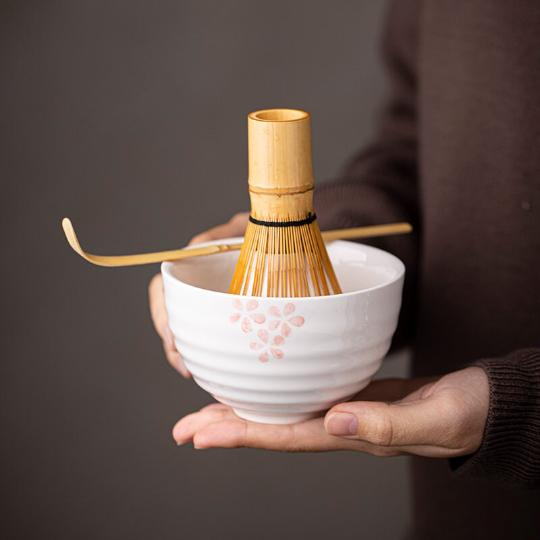 White Cherry Ceramic Matcha Set with Bamboo Whisk and Chasen Stand