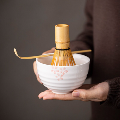 White Cherry Ceramic Matcha Set with Bamboo Whisk and Chasen Stand