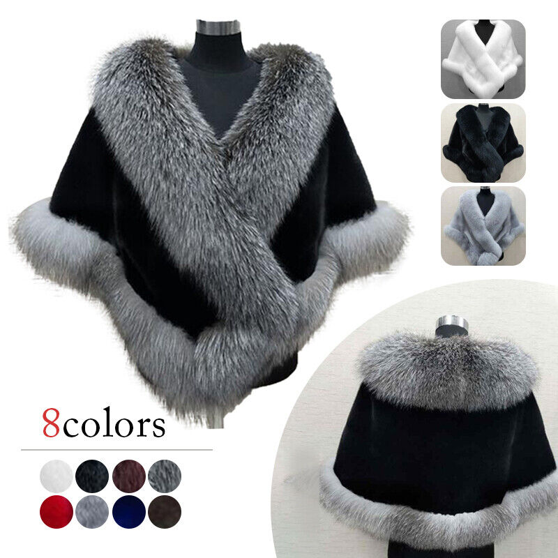 Women Luxury Fluffy Faux Fur Shawl Bridal Wedding Evening Cape Warm Dress Stole