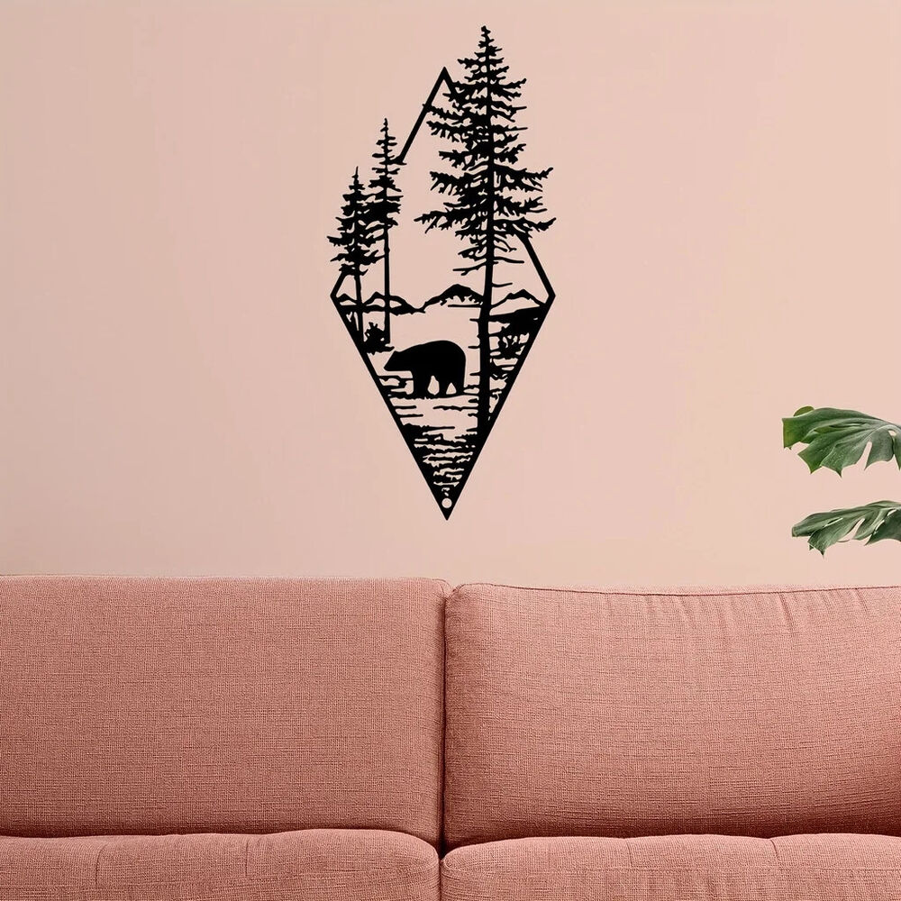 Metal Wall Art Bear Pine Tree Wall Decor Cut Metal Art Metal Wall Decor