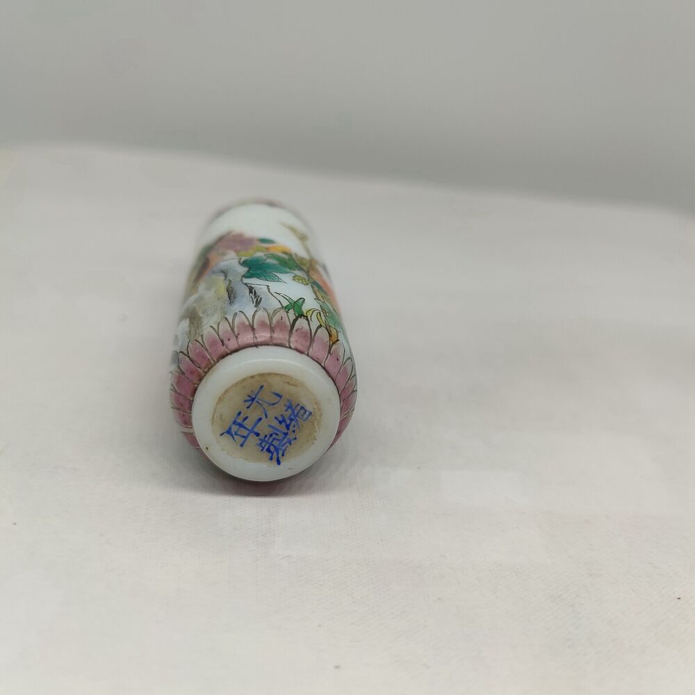 Old Bejing Peking Glass Snuff Bottle Hand Painted Flower Bird Colored Glaze rare