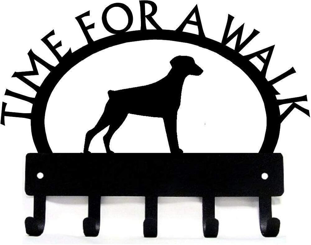 Doberman (Natural Ear) Time for a Walk Key Rack Dog Leash Hanger Metal Wall Art