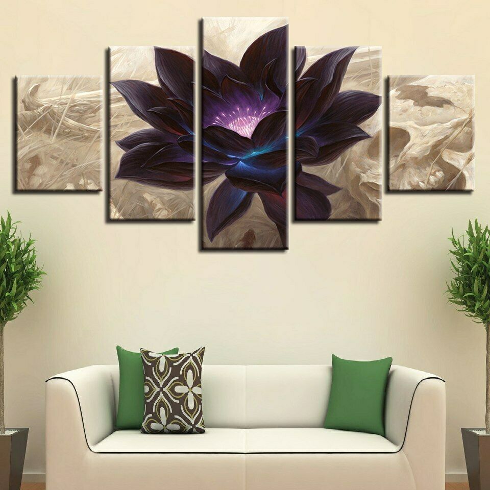 Black Lotus Flower 5 Piece canvas Wall Art Print Poster Home Decor