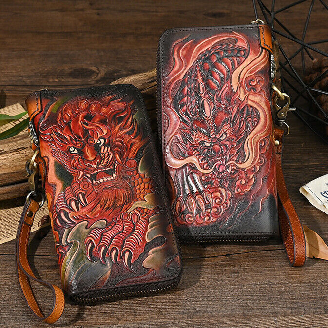 Genuine Leather Carving Crafted Vintage Long Wallet Handheld Bag Clutch Bag Men