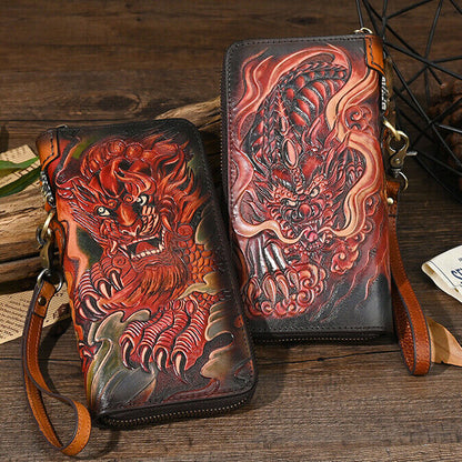 Genuine Leather Carving Crafted Vintage Long Wallet Handheld Bag Clutch Bag Men