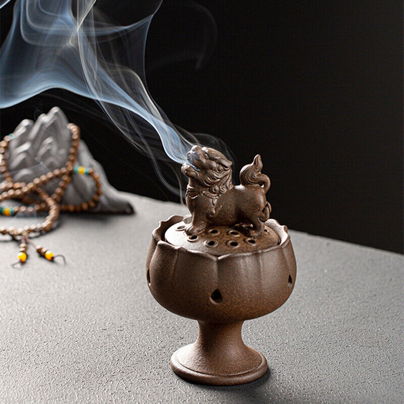 Foo Dog Fyi Statue Lotus Carved Incence Burner Porcelain Decoration Zen Style