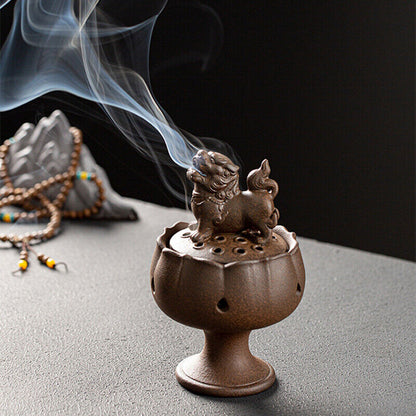 Foo Dog Fyi Statue Lotus Carved Incence Burner Porcelain Decoration Zen Style