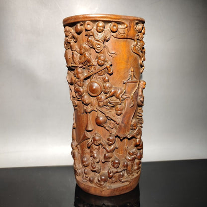 chinese children play kite statue desk study wood brush pot wooden decor carved