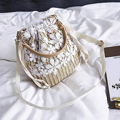 Straw Crossbody Bag, Women Beach Shoulder Summer Top Handle One Size, White