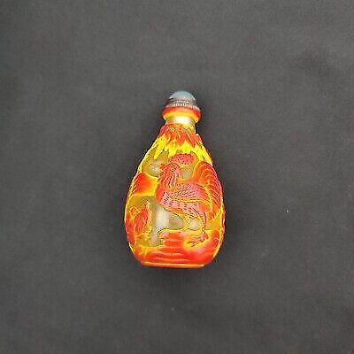 Old Beijing chinese colored glaze snuff bottle glass box gift rooster statue art