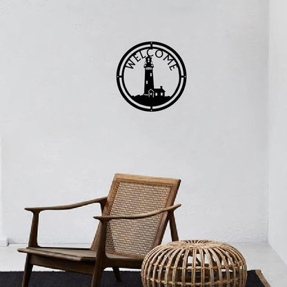 Lighthouse Welcome Sign - 12.5" Round Metal Wall Art
