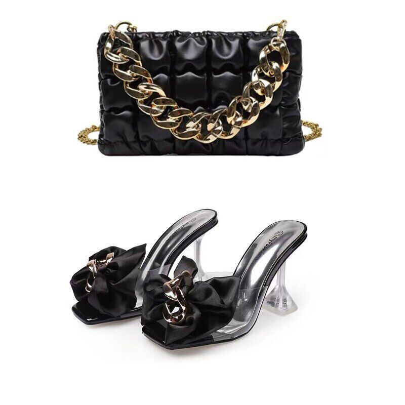 Ladies Slippers Shoes Bag Set Women Pumps Sandals Shoes Purse Set Black Heels