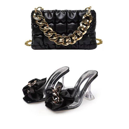 Ladies Slippers Shoes Bag Set Women Pumps Sandals Shoes Purse Set Black Heels