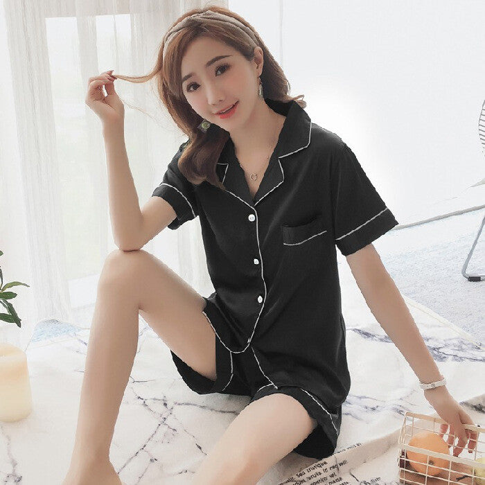 Women Set 2Pcs Satin Pajamas Short Sleeve Button-Down Sleepwear Loungewear Charm