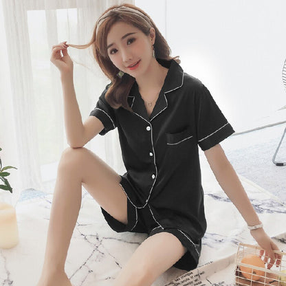 Women Set 2Pcs Satin Pajamas Short Sleeve Button-Down Sleepwear Loungewear Charm