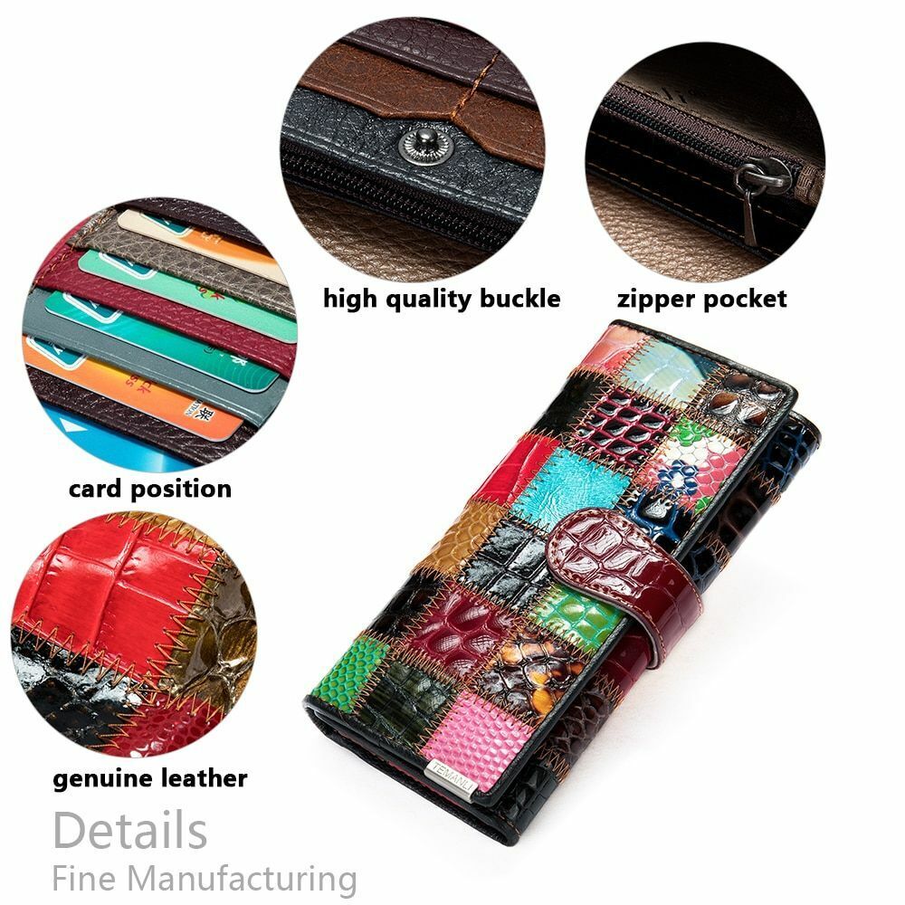 Women Long Medium Size Wallet Genuine Leather Patchwork Ladies Zipper Clutch Bag