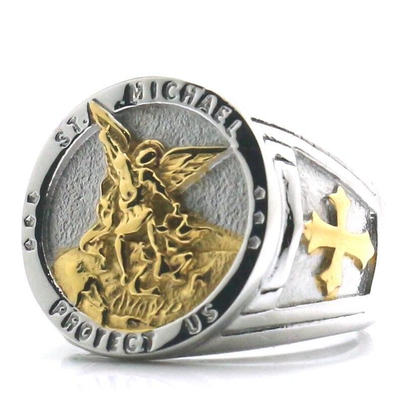 Stainless Steel Catholic Cross Men Ring Saint Michael Protect Band Signet Ring
