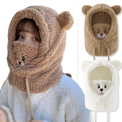 Multi-functional Bear Scarf Face Cover Hat Women Cute Winter Thick Plush Scarf