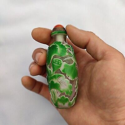 chinese carved snuff bottle glass frog lotus flower bird overlay snuffbox nice