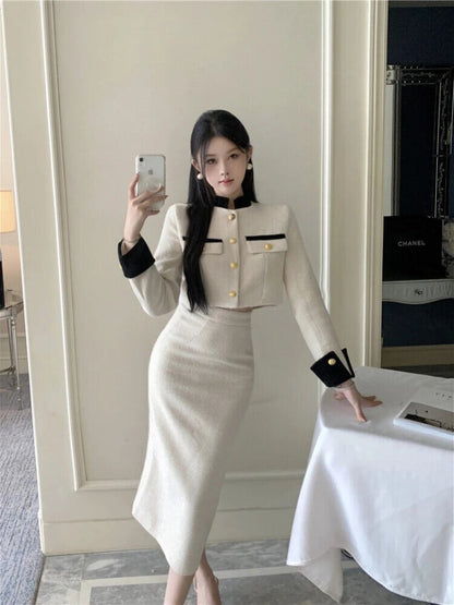 Two Piece Set Women Skirt 2023 Autumn Tweed Jacket Midi Pencil Skirt