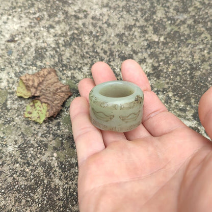 Chinese Hotan Hetian Jade Carving Sculpture Collector Thumb Ring Jewelry 招财进宝