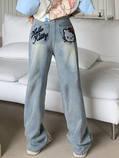 Hellokitty Embroidered Jeans Women's High Waist Loose Straight Pants