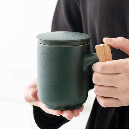 Mug 350ml Ceramic Wood Teacups W/ Lid & Filter Tea Separation Large Capacity Cup
