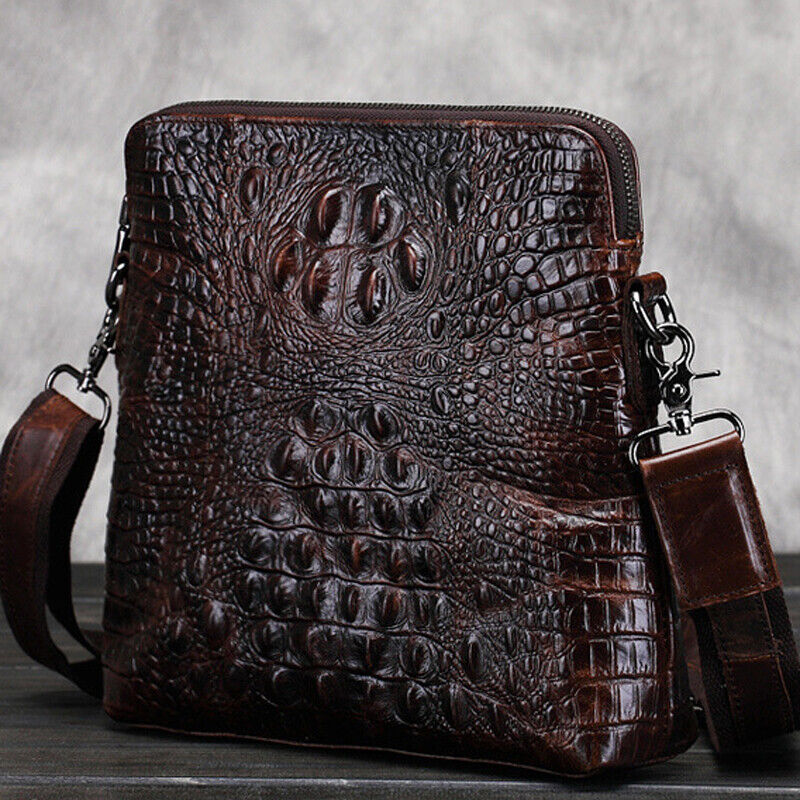 100% Genuine Leather Mens Crocodile Messenger/Shoulder Bag 8" CrossBody Sing Bag
