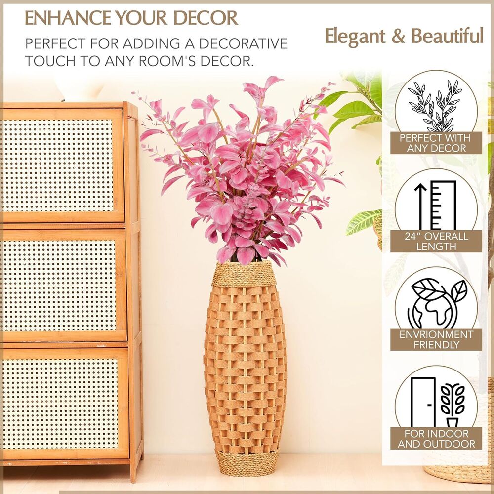 Hand Woven Wood & Seagrass Tall Vase Decorative Large Basket Home Flower Holder